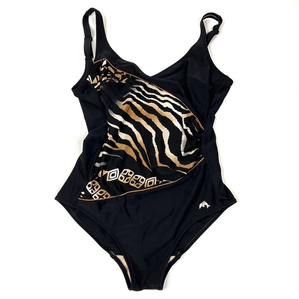 Anita Classix Black Tan Zebra Print One Piece Swimsuit Womens Size 12 - C Cup
